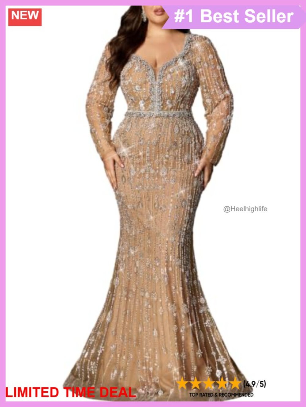 Plus Size Sequin Beaded Mermaid Formal Evening Prom Gown Long Sleeve Corset